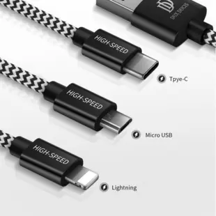 Dux Ducis K-ONE 3in1 Series USB - micro USB / Lightning / USB-C Kabel 2.4A 1,2M Sort