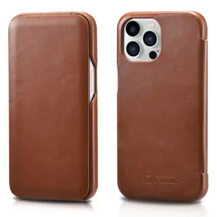 iCarer Curved Edge Genuine Leather Flip Case for iPhone 13 Pro Max Brown