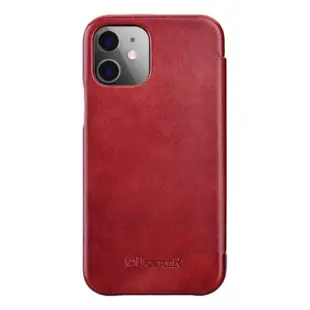 iCarer Curved Edge ægte læder flip cover til iPhone 12 / iPhone 12 Pro Rød