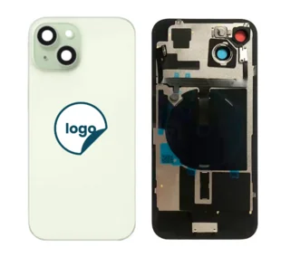 iPhone 15 bagglas med kameralinse+metalplade+Trådløs oplader flex+Magsafe magnet+Flashlight flex - OEM (Diagnosticerbart) (grøn)