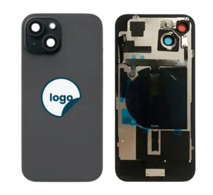 iPhone 15 bagglas med kameralinse+metalplade+Trådløs oplader flex+Magsafe magnet+Flashlight flex - OEM (Diagnosticerbart) (sort)