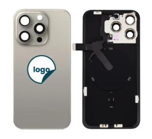 iPhone 15 Pro Max bagglas med kameralinse+metalplade+Trådløs oplader flex+Magsafe magnet+Flashlight flex - OEM (Diagnosticerbart) (Natural Titanium)