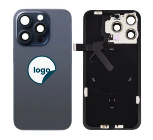 iPhone 15 Pro Max bagglas med kameralinse+metalplade+Trådløs oplader flex+Magsafe magnet+Flashlight flex - OEM (Diagnosticerbart) (Blue Titanium)