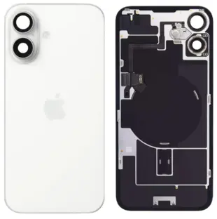 iPhone 16 bagglas med kameralinse + metalplade + trådløs oplader flex + Magsafe magnet + Flashlight flex - OEM (Diagnosticerbart) (hvid)