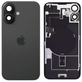 iPhone 16 Plus bagglas med kameralinse + metalplade + Trådløs oplader flex + Magsafe magnet + Flashlight flex - OEM (sort)