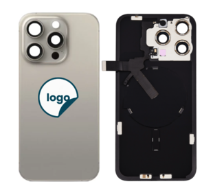 Back Glass for iPhone 15 Pro Max with Camera Lens + Metal Plate + Wireless NFC Charging + Magsafe Magnets + Flashlight Flex - Pull A (Nutaral Titanium)