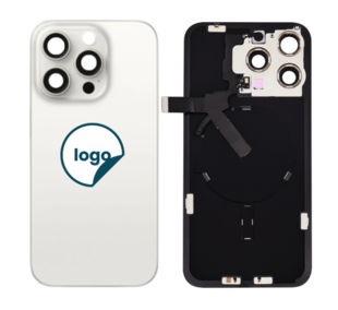 Back Glass for iPhone 15 Pro Max with Camera Lens + Metal Plate + Wireless NFC Charging + Magsafe Magnets + Flashlight Flex - Pull A (White Titanium)