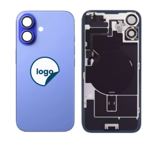 Back Glass for iPhone 16 Plus with Camera Lens + Metal Plate + Wireless NFC Charging + Magsafe Magnets + Flashlight Flex - Pull A (Blue)