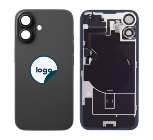 Back Glass for iPhone 16 Plus with Camera Lens + Metal Plate + Wireless NFC Charging + Magsafe Magnets + Flashlight Flex - Pull A (Black)