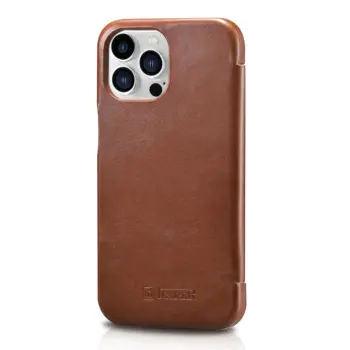 iCarer Curved Edge Genuine Leather Flip Case for iPhone 13 Pro Brown