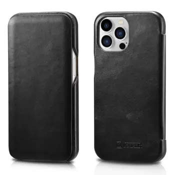 iCarer Curved Edge Genuine Leather Flip Case for iPhone 13 Pro Max Black
