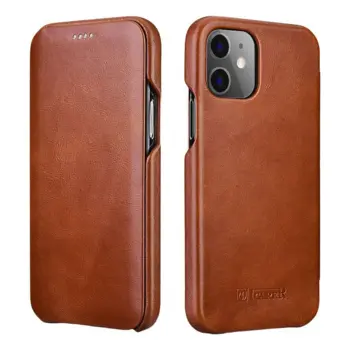 iCarer Curved Edge Genuine Leather Flip Case for iPhone 12 / iPhone 12 Pro Brown
