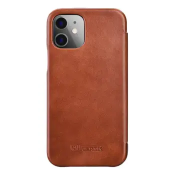 iCarer Curved Edge Genuine Leather Flip Case for iPhone 12 / iPhone 12 Pro Brown