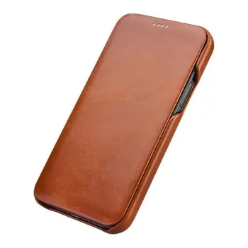 iCarer Curved Edge Genuine Leather Flip Case for iPhone 12 Pro Max Brown