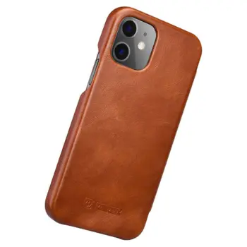 iCarer Curved Edge Genuine Leather Flip Case for iPhone 12 Pro Max Brown