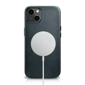 iCarer case in natural leather for iPhone 13 Blue (MagSafe compatible)