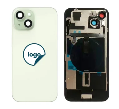 iPhone 15 bagglas med kameralinse+metalplade+Trådløs oplader flex+Magsafe magnet+Flashlight flex - OEM (Diagnosticerbart) (grøn)