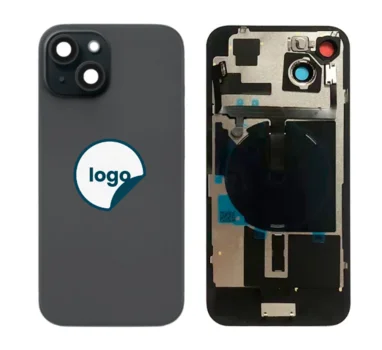 iPhone 15 bagglas med kameralinse+metalplade+Trådløs oplader flex+Magsafe magnet+Flashlight flex - OEM (Diagnosticerbart) (sort)
