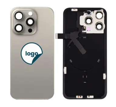 iPhone 15 Pro Max bagglas med kameralinse+metalplade+Trådløs oplader flex+Magsafe magnet+Flashlight flex - OEM (Diagnosticerbart) (Natural Titanium)