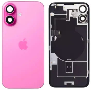 iPhone 16 bagglas med kameralinse + metalplade + Trådløs oplader flex + Magsafe magnet + Flashlight flex - OEM (Diagnosticerbart) (Pink)