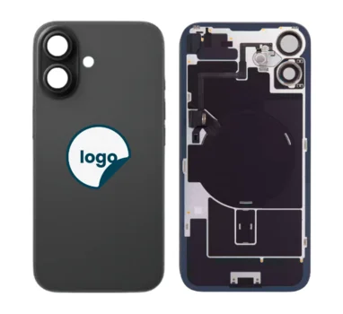 iPhone 16 bagglas med kameralinse + metalplade + Trådløs oplader flex + Magsafe magnet + Flashlight flex - OEM (Diagnosticerbart) (sort)