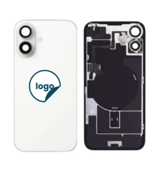 Back Glass for iPhone 16 Plus with Camera Lens + Metal Plate + Wireless NFC Charging + Magsafe Magnets + Flashlight Flex - Pull A (White)